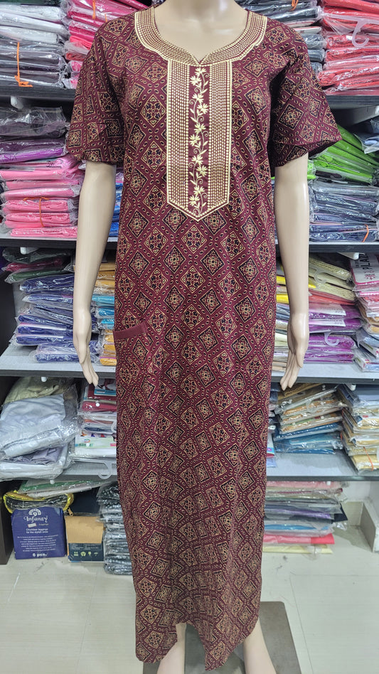 Ajrak Cotton | Embroidery Nighty | NT1386