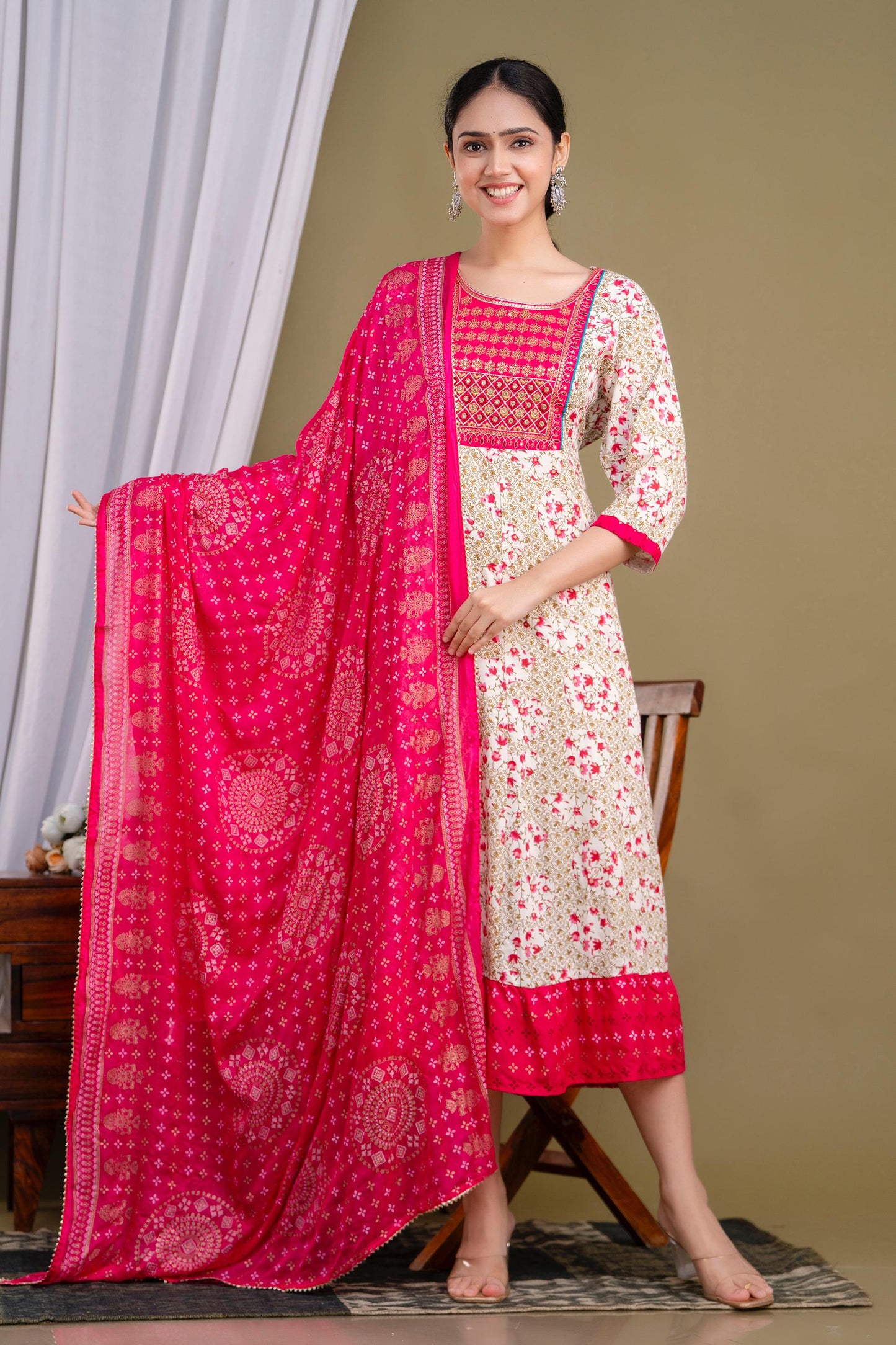 Rayon Cotton Mix Anarkali Kurti with Shawl | KS347