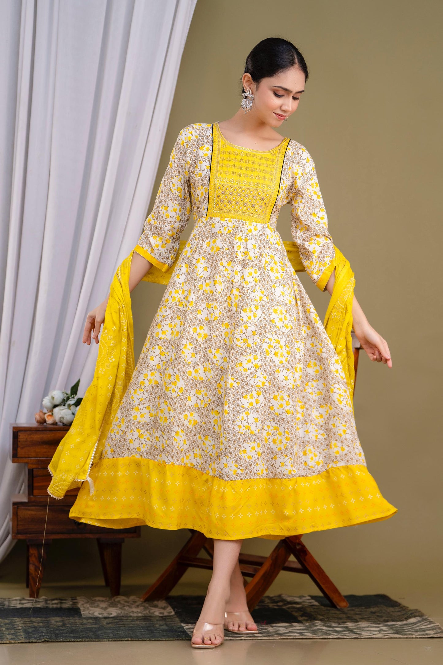 Rayon Cotton Mix Anarkali Kurti with Shawl | KS347