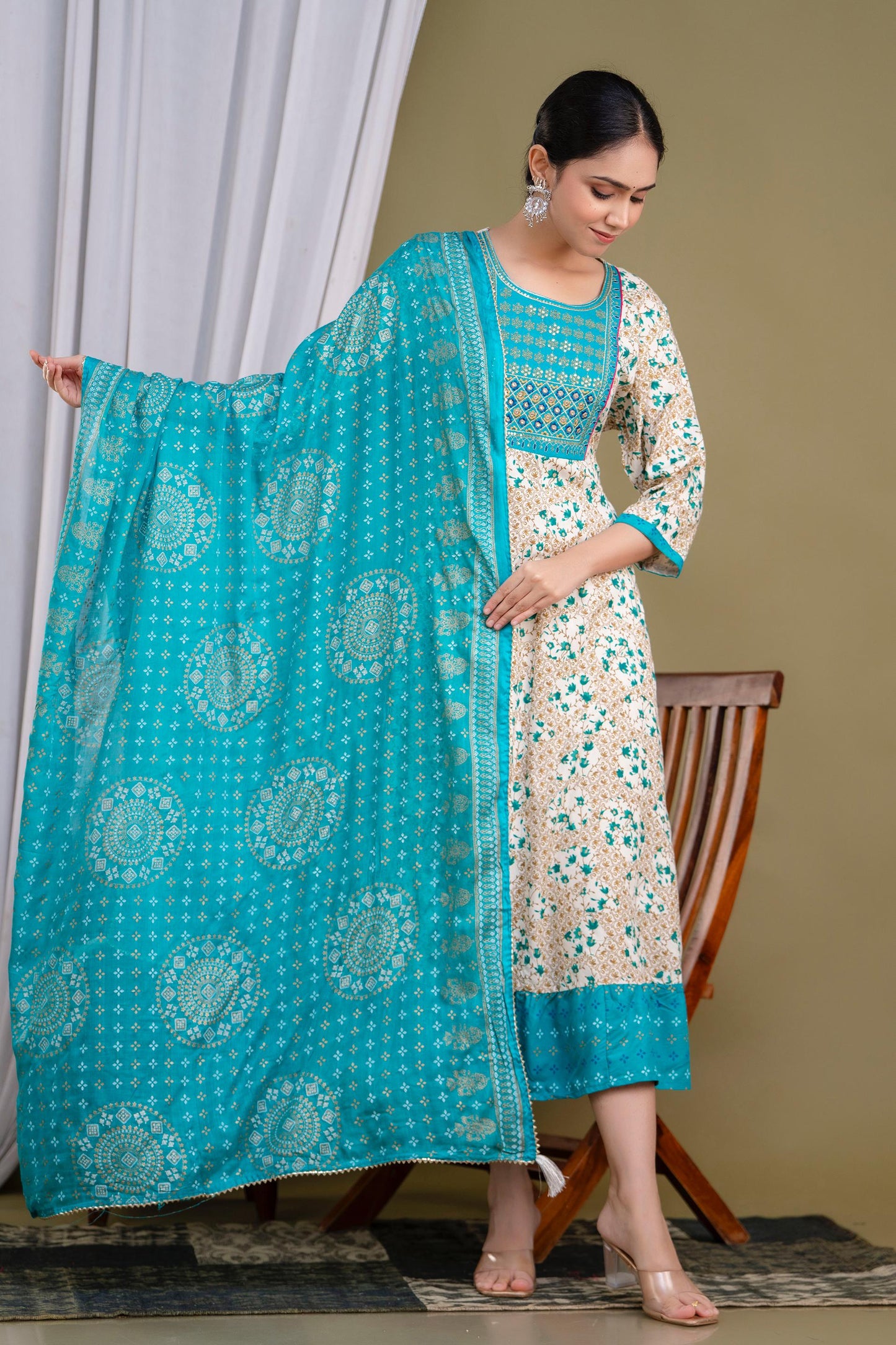 Rayon Cotton Mix Anarkali Kurti with Shawl | KS347